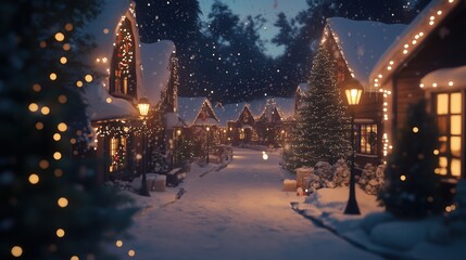 Naklejka premium Charming cottages and decorated trees in a snowy Christmas village