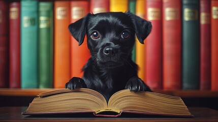 A curious black dog sits on an open book in front of a colorful bookshelf, creating a charming and intelligent atmosphere.