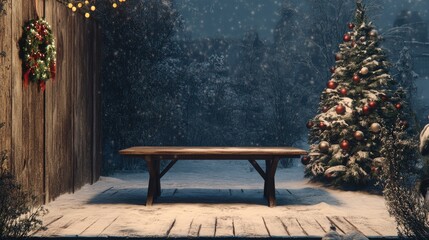 Christmas backdrop showcasing a lonely wooden table surrounded by a snowy landscape, adorned with pine trees and festive decorations.