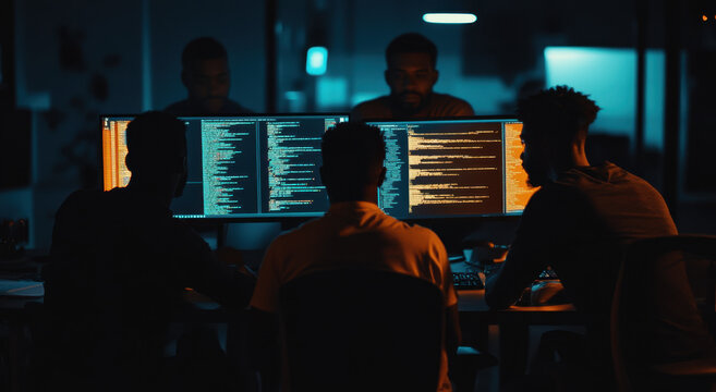 A group of software engineers working on their computers, writing code and programming in the office at night under blue lighting
