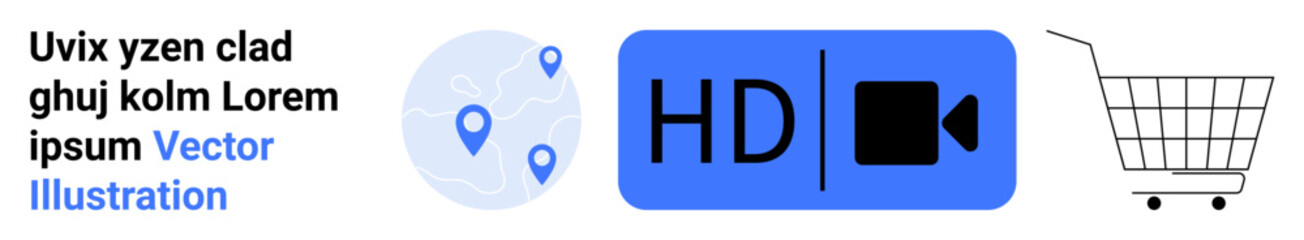 Shopping cart and video streaming icon with HD text, map pinpoint symbols on light blue circle. Ideal for online shopping, digital marketing, technology, video streaming, navigation, ecommerce