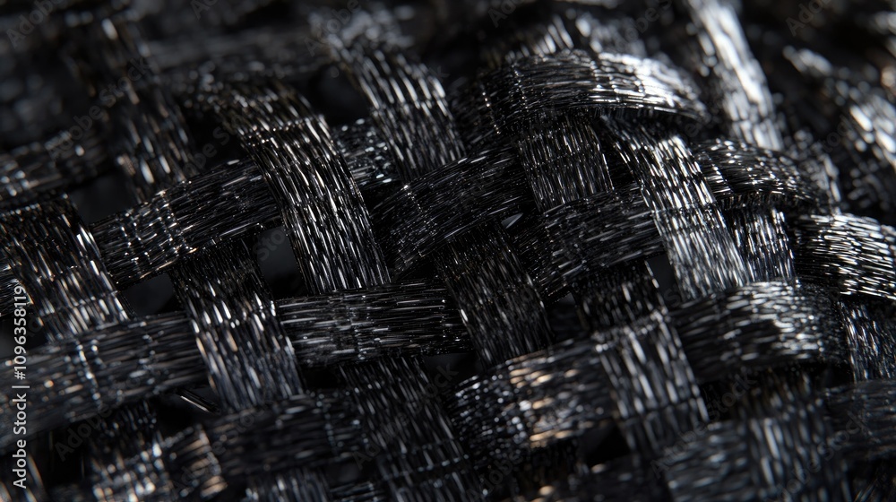 Poster detailed close-up of precisely woven carbon fiber filaments, highlighting the complex texture and pa