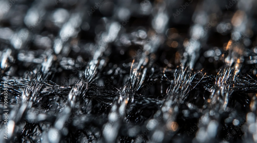 Poster detailed close-up of precisely woven carbon fiber filaments, highlighting the complex texture and pa
