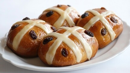 Deliciously golden hot cross buns adorned with raisins and a creamy cross, perfect for enjoying during the spring season.