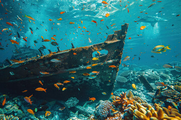 Underwater view of an sunken ship on seabed with fish swimming around