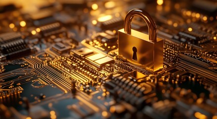A padlock is placed on top of an abstract circuit board, symbolizing the security features of cybersecurity. Which is part of digital security online. Which gives a clear idea about cybersecurity.