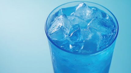 Vibrant blue beverage glass filled with ice, set against a smooth gradient background showcasing refreshing drink details.