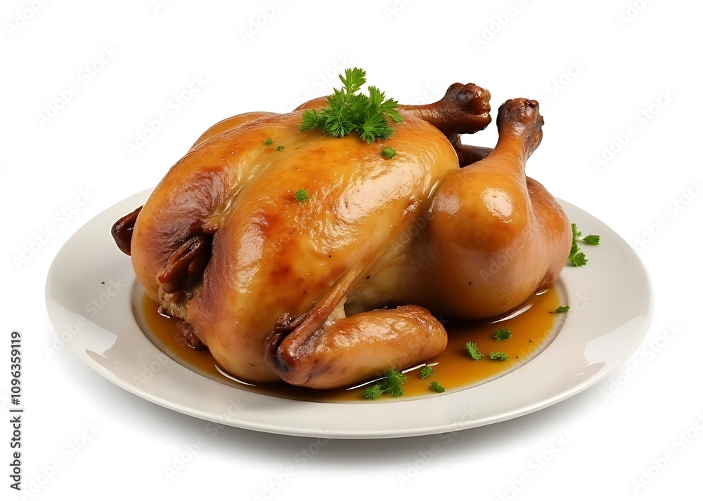 Poster A photo of roast chicken with garnish is displayed on a plate against a clean white background created by generative artificial intelligence.