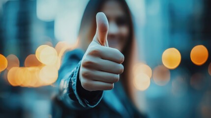 Close-up of a hand giving a thumbs-up gesture, symbolizing approval and satisfaction, with a softly blurred urban background featuring warm bokeh lights.