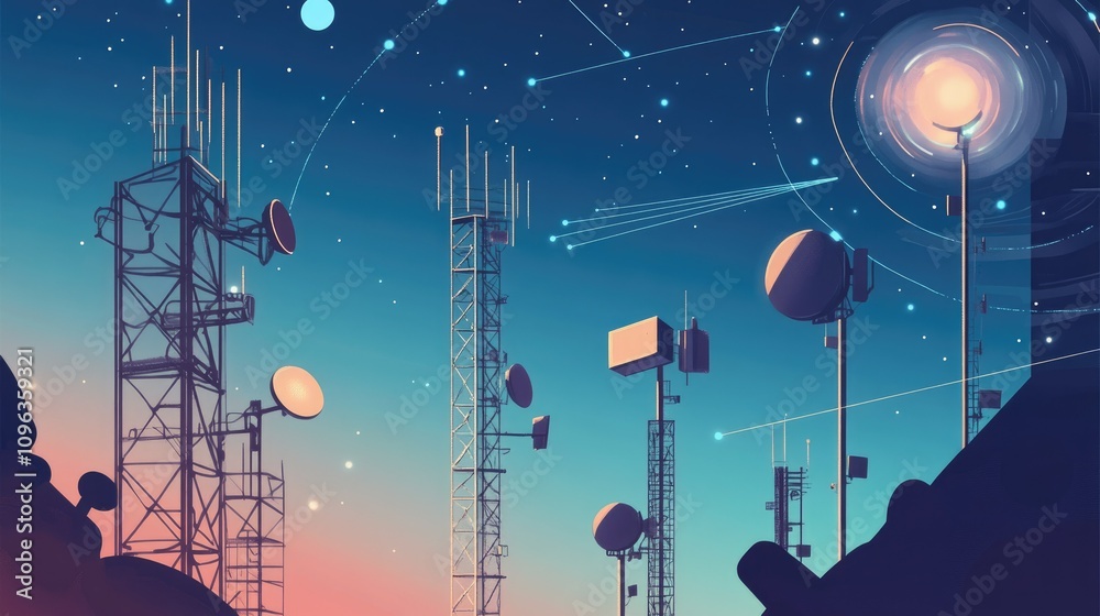 Poster Diagram illustrating how satellite technology supports pager communication networks, with signals bouncing between towers and devices for seamless wireless transmission.