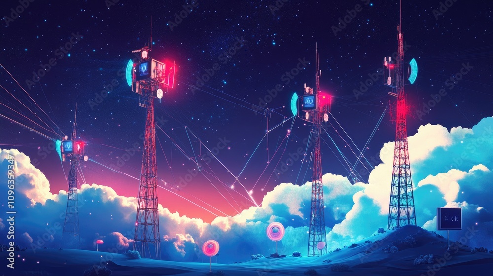 Poster Diagram illustrating how satellite technology supports pager communication networks, with signals bouncing between towers and devices for seamless wireless transmission.