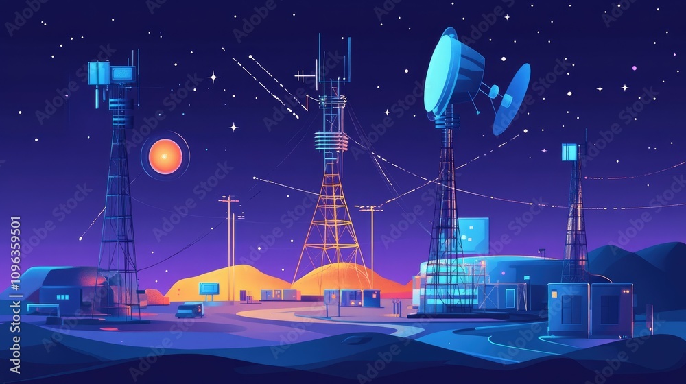 Poster Diagram of satellite-enabled pager communication, illustrating how signals are relayed between satellite systems, towers, and devices to maintain wireless network connectivity.