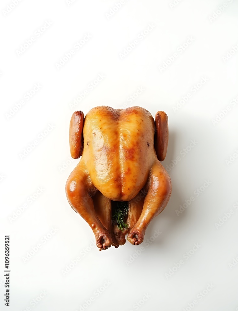 Poster A roasted chicken is displayed on a clean and empty white surface from directly above in a minimalist visual composition.