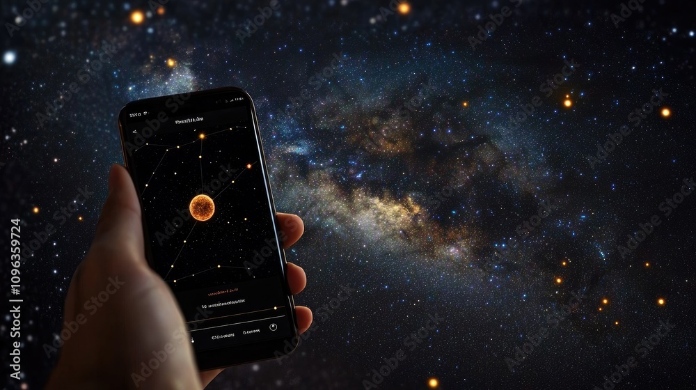 Aufkleber Digital astronomy app on a smartphone screen tracking the path of comet C2023 A3, with a cosmic background and user-friendly interface for stargazers.