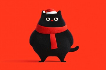 Obraz premium Cartoon standing cubby black cat wearing a red scarf and Christmas hat.