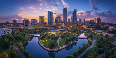 Naklejka premium Modern City Skyline with Office Buildings and Drone View at Sunset