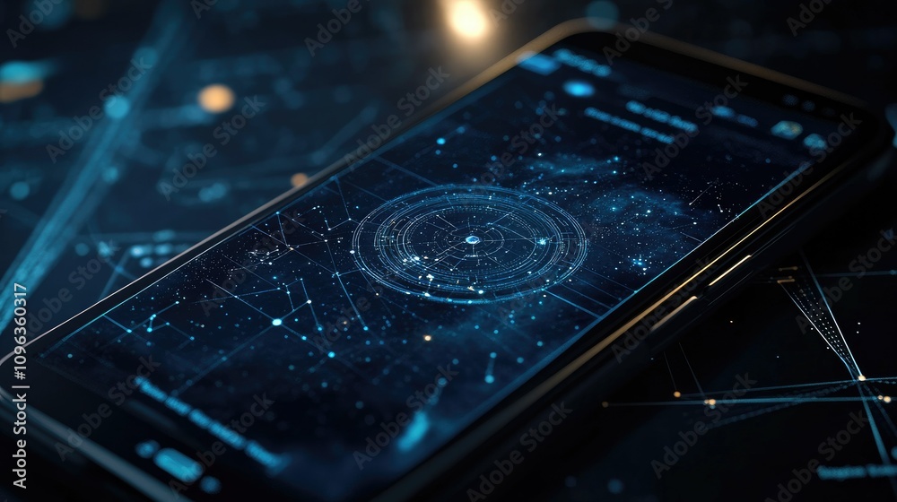 Poster Digital astronomy app on a smartphone screen tracking the path of comet C2023 A3, with a cosmic background and user-friendly interface for stargazers.