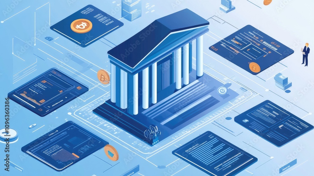 Aufkleber Digital banking contracts executed via blockchain technology, with secure transactions shown on advanced interfaces in a high-tech financial ecosystem.