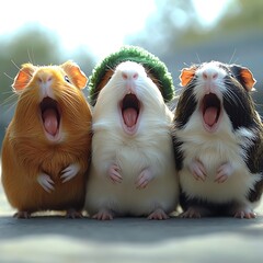 guinea pig in a green Santa hat singing carols with a group of guinea pigs