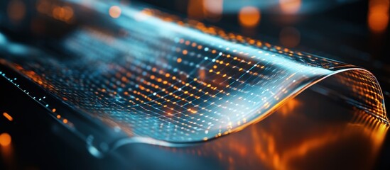Futuristic flexible display screen with glowing grid pattern.