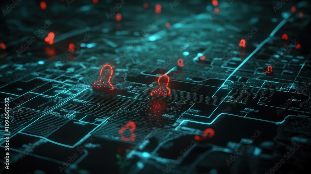 Poster Futuristic digital map featuring footprints as destination markers, interconnected by dynamic data flows and information streams.