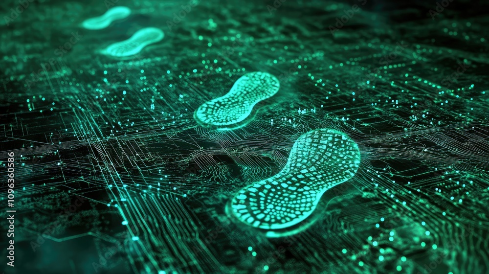 Poster Futuristic digital map featuring footprints as destination markers, interconnected by dynamic data flows and information streams.