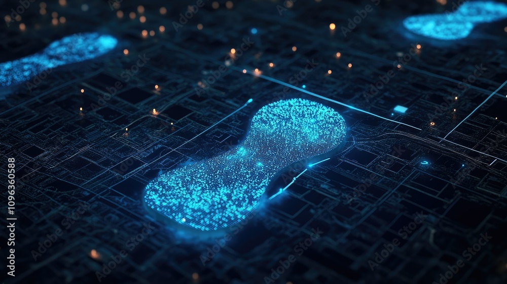 Poster Futuristic digital map featuring footprints as destination markers, interconnected by dynamic data flows and information streams.