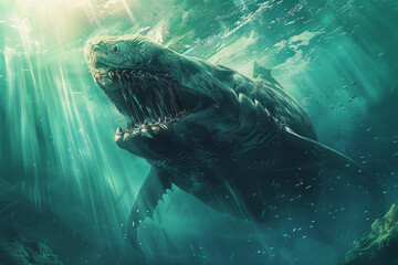 Fototapeta premium Terrifying scary sea monster in dark depths of deep ocean