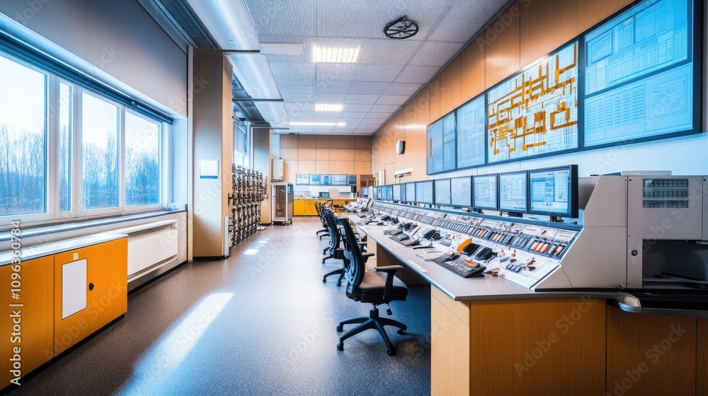 Poster High-tech control room with advanced digital interfaces and automated monitoring systems, managing industrial operations in a power facility for efficient management.