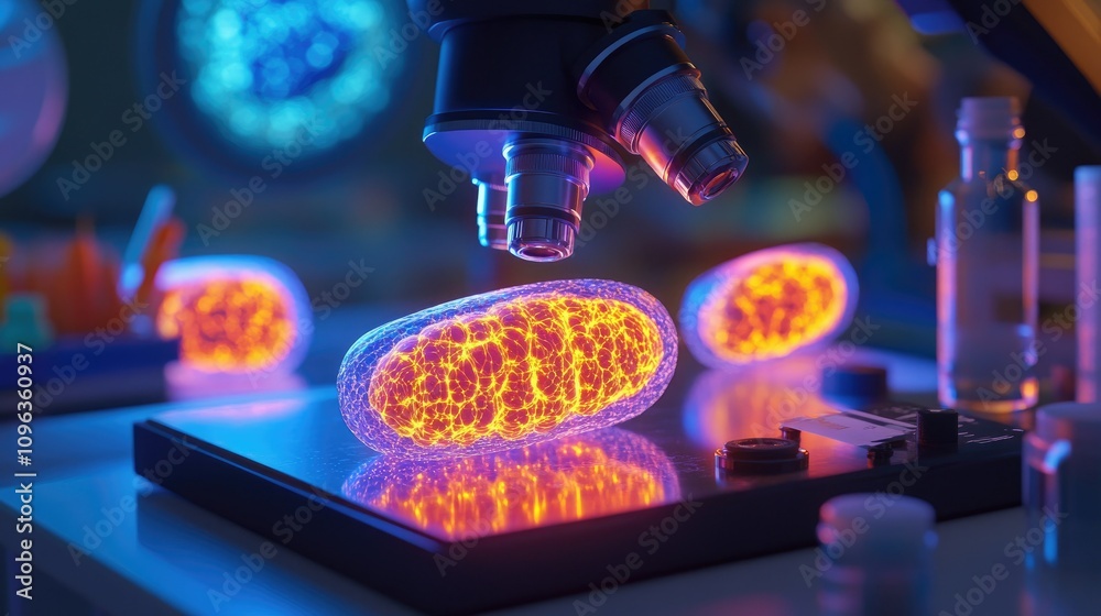 Poster high-tech microscope revealing detailed, glowing mitochondria structures in a cell sample, as a scie