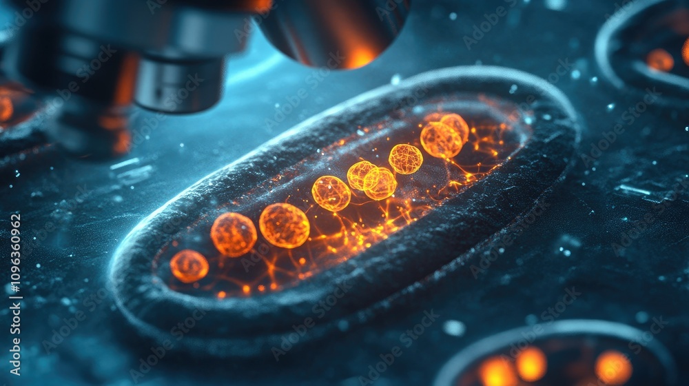 Poster high-tech microscope revealing detailed, glowing mitochondria structures in a cell sample, as a scie