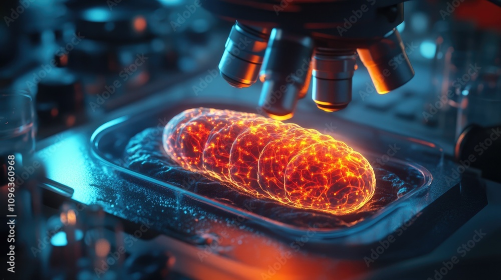 Poster high-tech microscope revealing detailed, glowing mitochondria structures in a cell sample, as a scie
