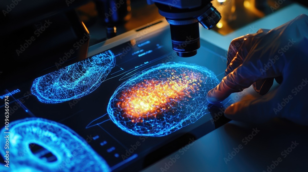 Poster high-tech microscope revealing detailed, glowing mitochondria structures in a cell sample, as a scie