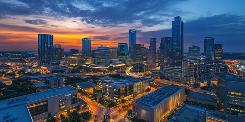 Modern City Skyline with Office Buildings and Drone View at Sunset