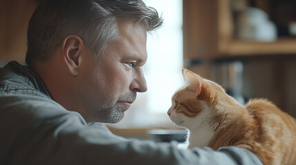 Banner of man affectionately interacting with ginger cat under soft warm indoor lighting creating serene atmosphere