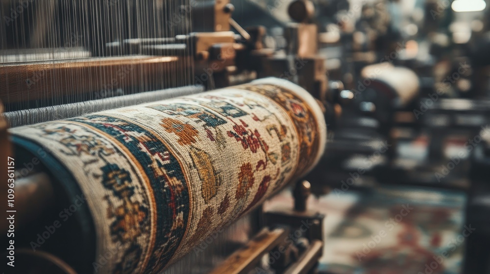 Aufkleber Image of advanced machinery at work on a textile loom, creating precisely woven fabrics with detailed patterns and design.
