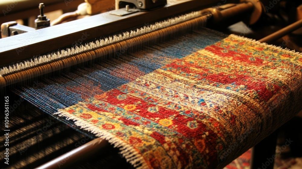Poster Image of advanced machinery at work on a textile loom, creating precisely woven fabrics with detailed patterns and design.