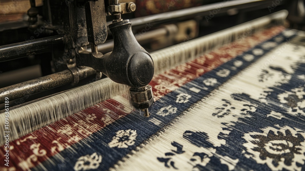 Poster Image of advanced machinery at work on a textile loom, creating precisely woven fabrics with detailed patterns and design.