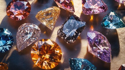 Sparkling close-up of colorful diamonds in various shapes and sizes, showcasing brilliant facets and vibrant hues against a warm, illuminated background.