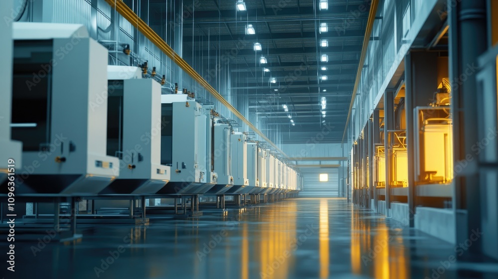 Poster industrial furnace room with multiple high-tech kilns arranged in a neat row, producing gypsum board