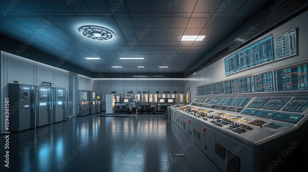 Poster Inside a modern control room, engineers manage industrial and power systems using automated digital interfaces, optimizing operations for maximum efficiency.
