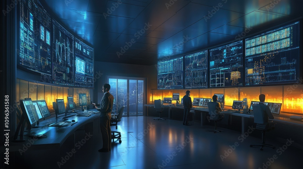 Poster Inside a modern control room, engineers manage industrial and power systems using automated digital interfaces, optimizing operations for maximum efficiency.