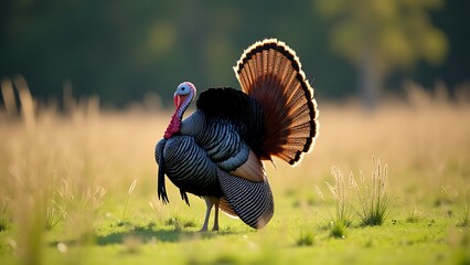 A wild Eastern Tom Turkey is seen strutting in a Canadian meadow with its vibrant tail feathers spread wide in a fan shape.