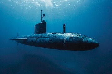 Beautiful large submarine floating in middle of ocean during mission