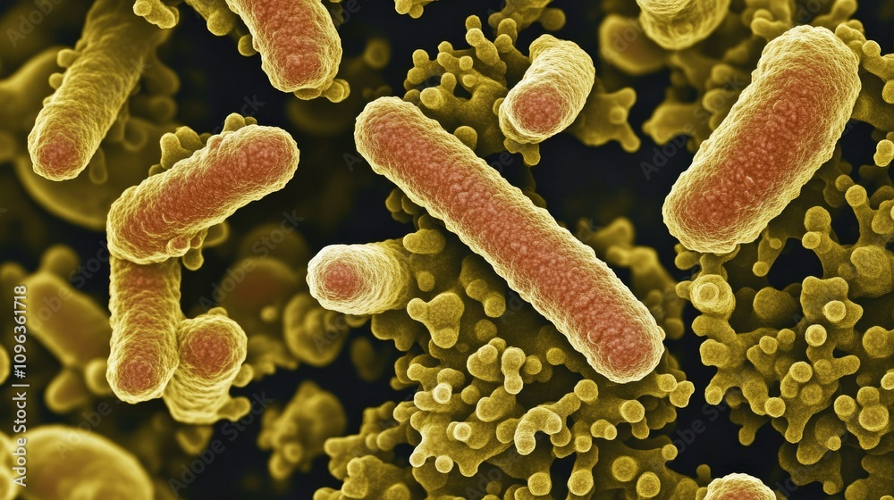 Poster magnified image of streptococcus bacteria cells under a microscope, illustrating their characteristi