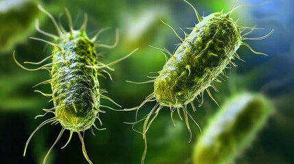 Naklejka premium Magnified view of Salmonella bacteria under a microscope, illustrating the dangerous pathogens responsible for foodborne illnesses.