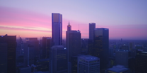 Obraz premium Modern City Skyline with Office Buildings and Drone View at Sunset