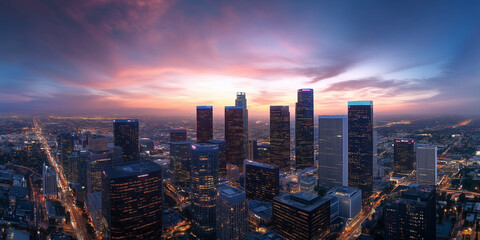 Naklejka premium Modern City Skyline with Office Buildings and Drone View at Sunset