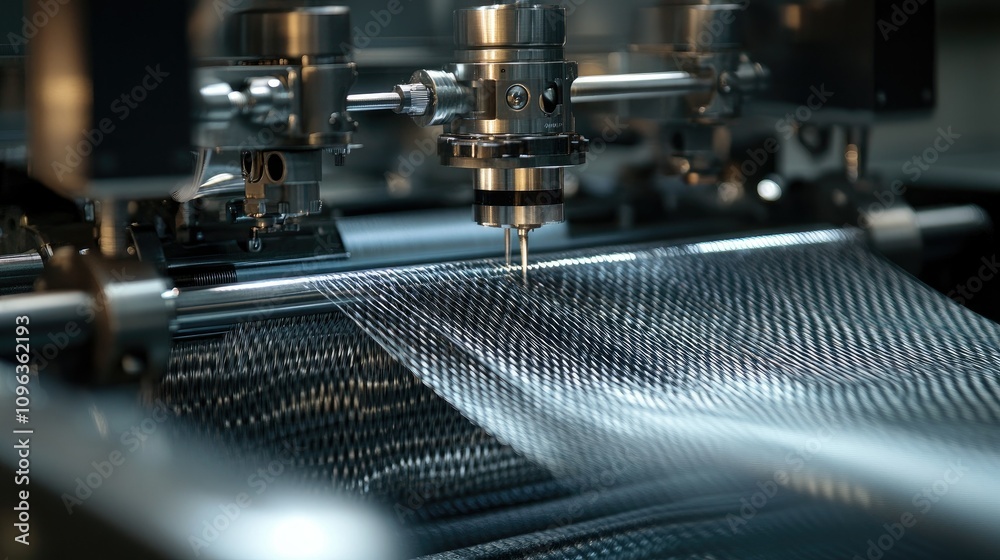 Poster Precision carbon fiber weaving machine creating complex patterns, focusing on the intricate, featherweight material being crafted.