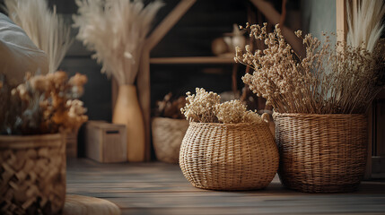 Rustic Wicker Baskets with Handwoven Patterns in Cozy Living Space with Dried Flowers and Wooden Accents

